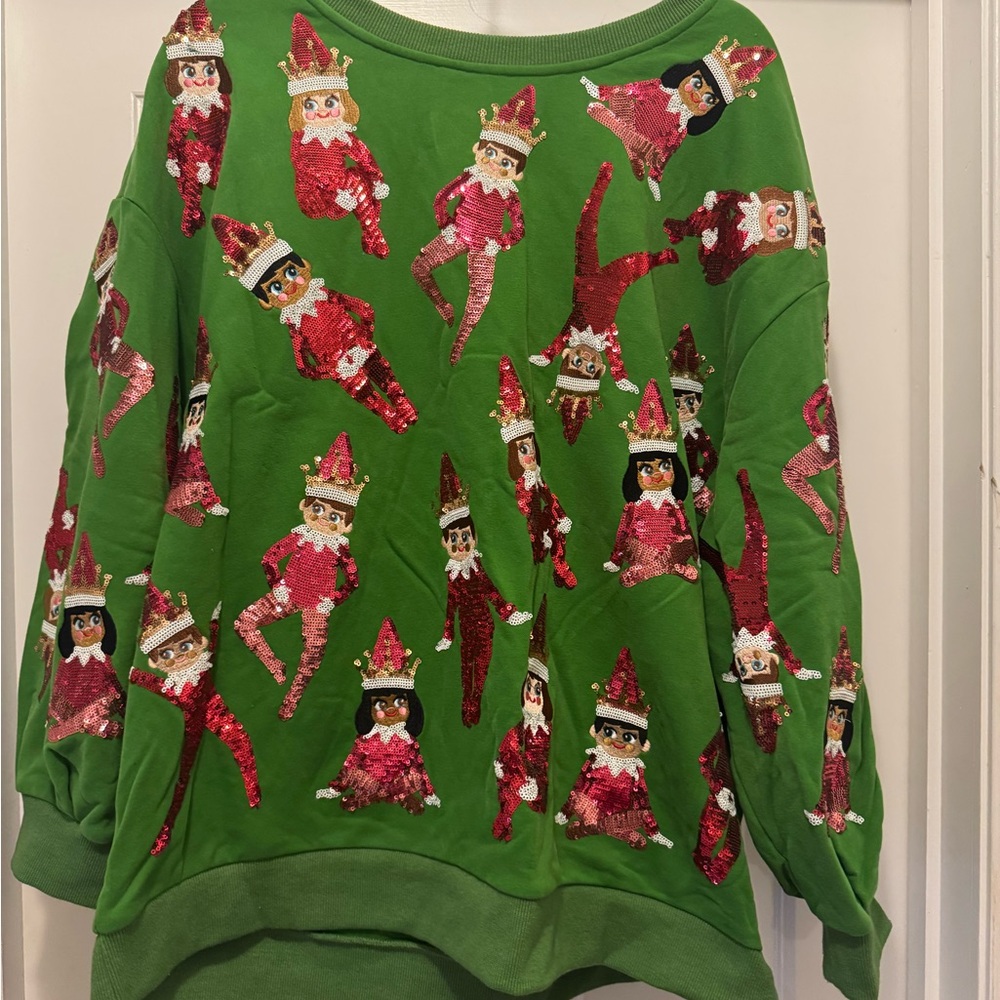 QUEEN OF SPARKLES Green Sweater with Red Elf Design